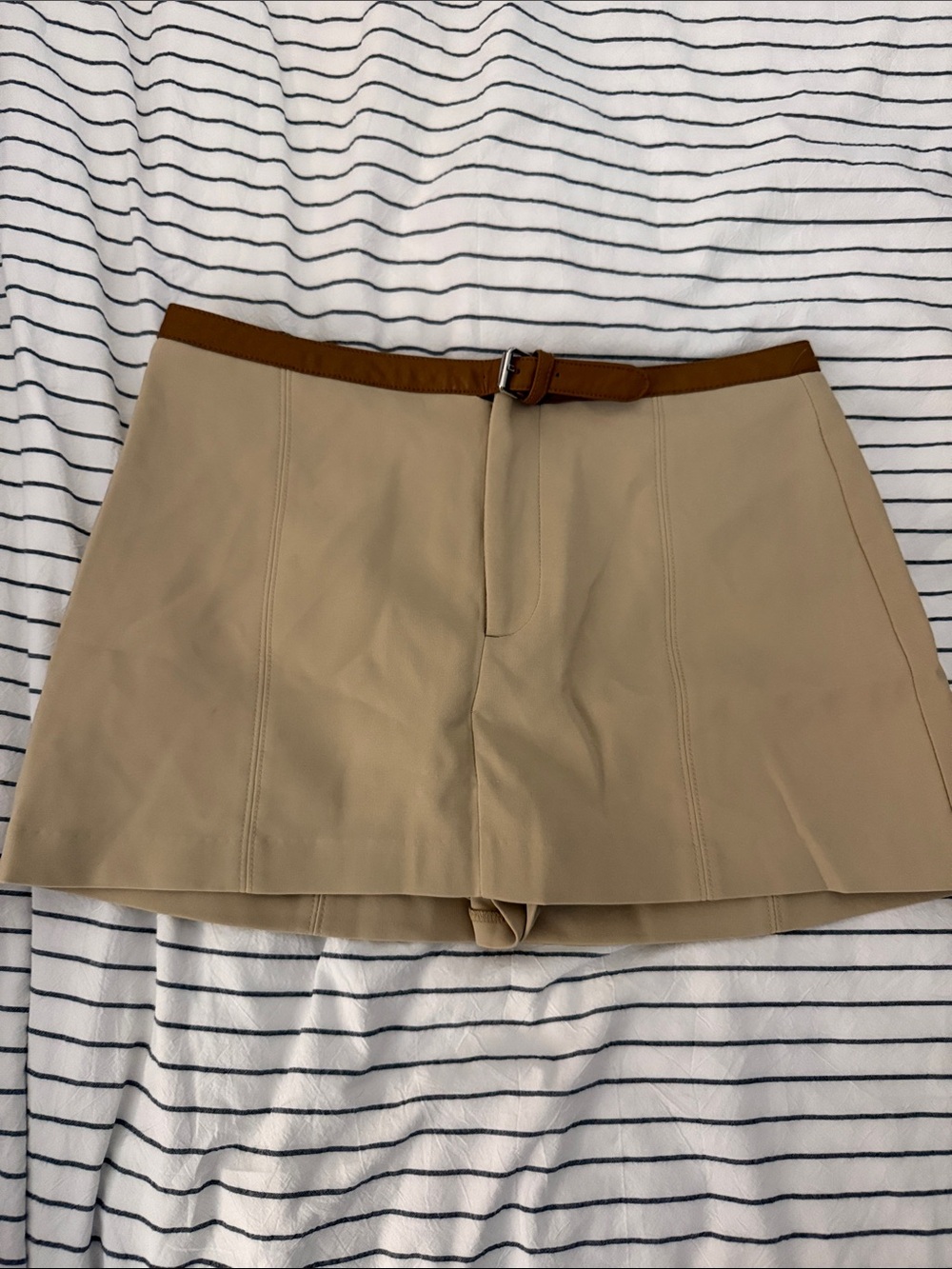 Zara Beige Mini Skort with Brown Belt Accent
